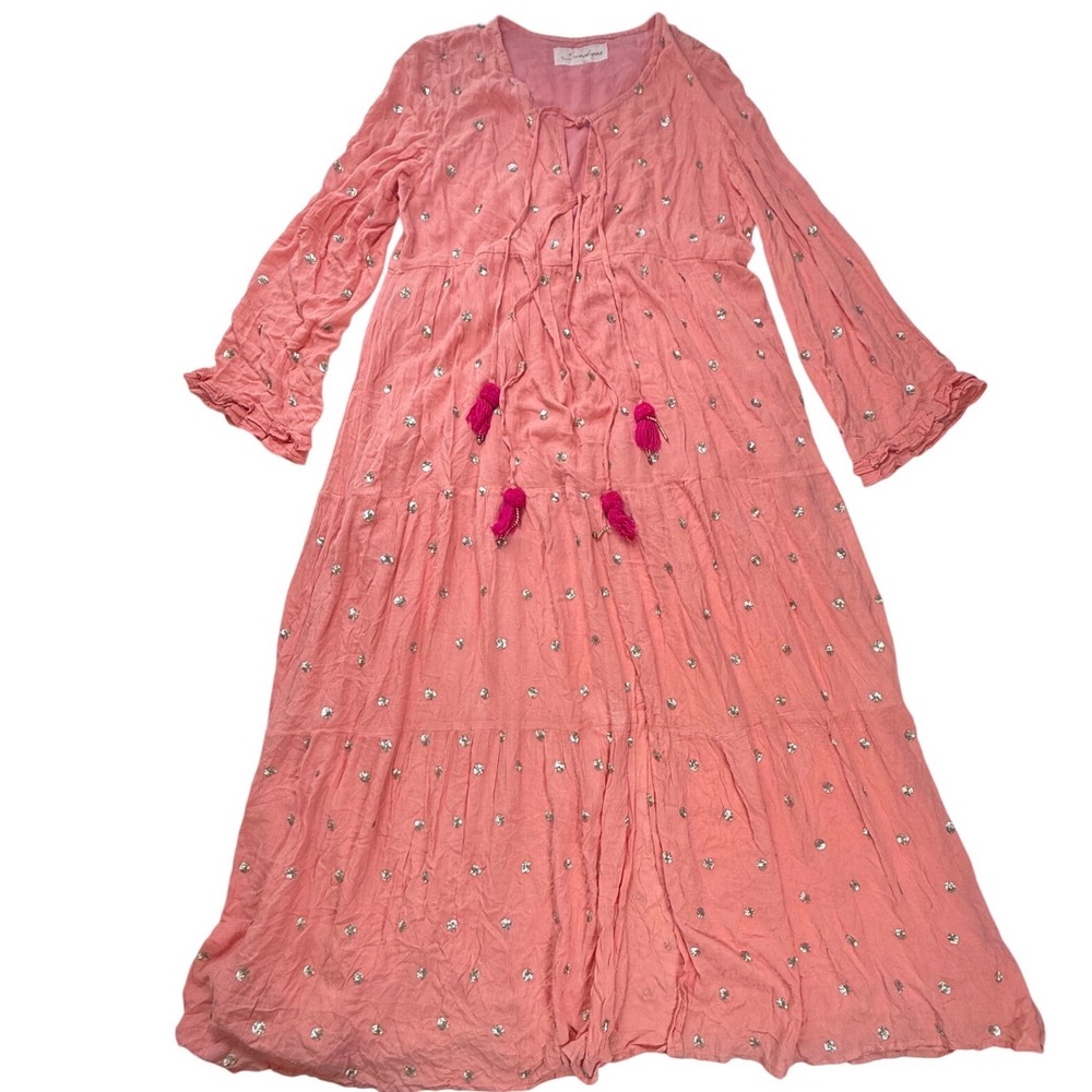 Sundress Coral Pink Sequin Tiered Maxi Dress Magenta Tassels Boho M/L
